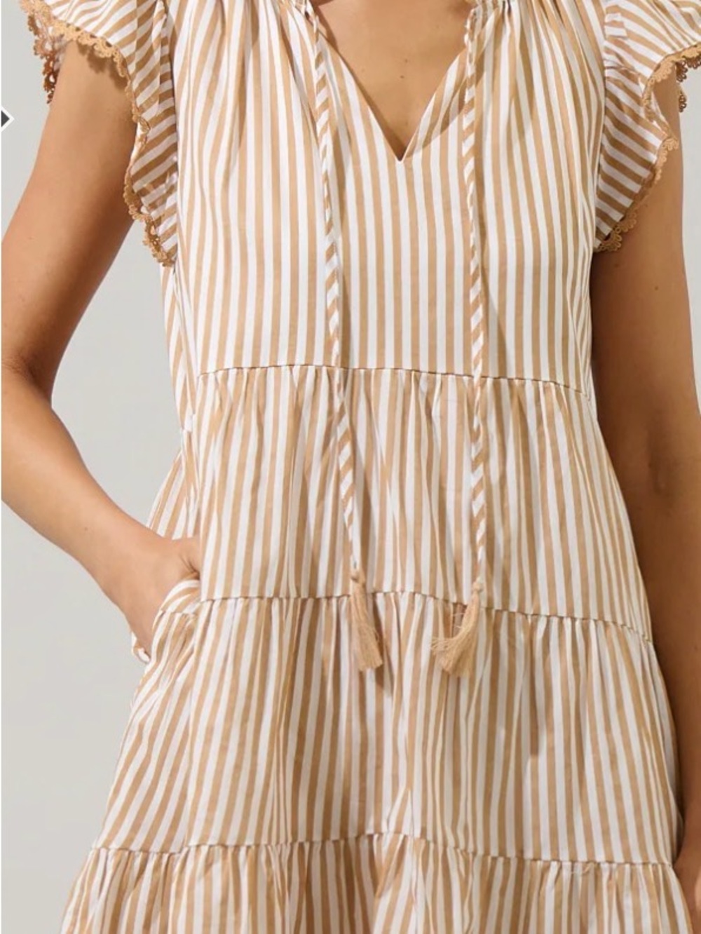 Sugarlips Beige and White Striped Tiered V-Neck Dress